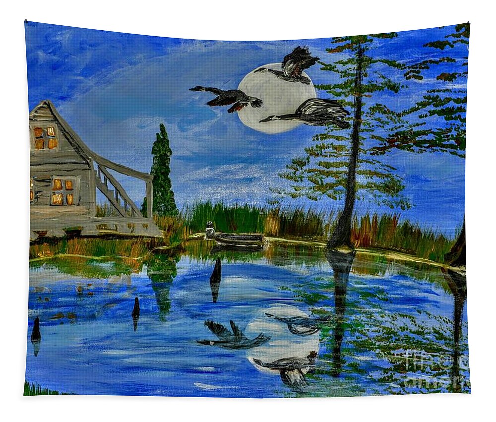 Evening At Acadiana Pond Tapestry featuring the mixed media Evening At Acadiana Pond by Seaux-N-Seau Soileau