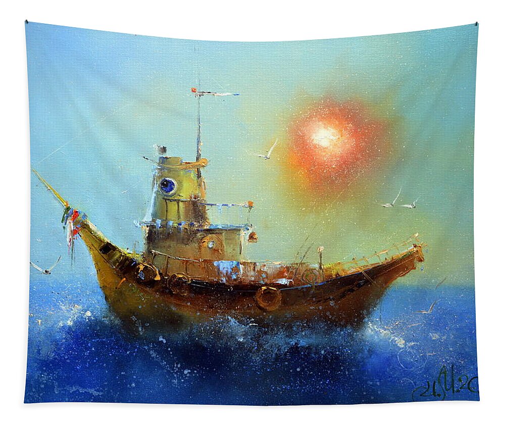 Russian Artists New Wave Tapestry featuring the painting Evening Boat by Igor Medvedev