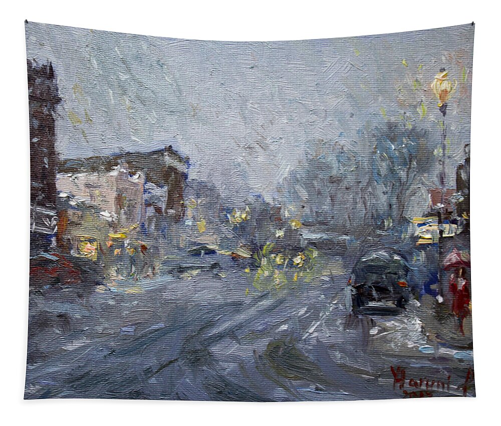 Evening Tapestry featuring the painting Evening Snowfall at Webster St by Ylli Haruni