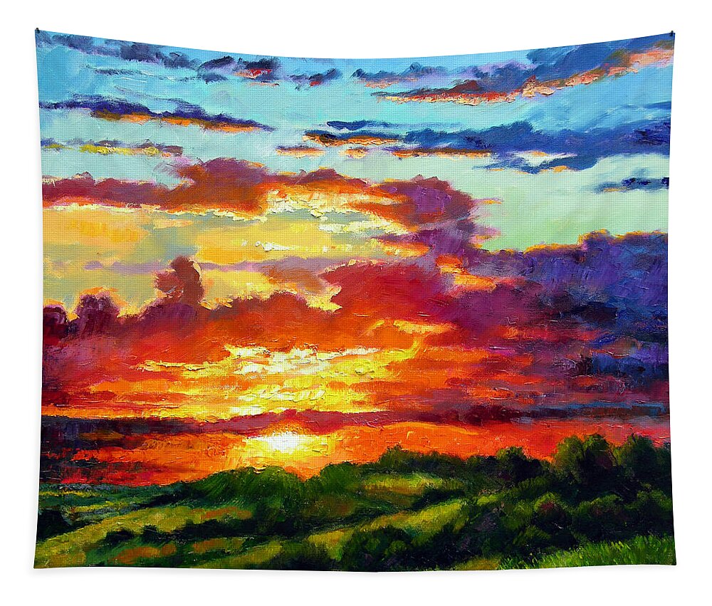 Sunset Tapestry featuring the painting Evenings Final Glow by John Lautermilch
