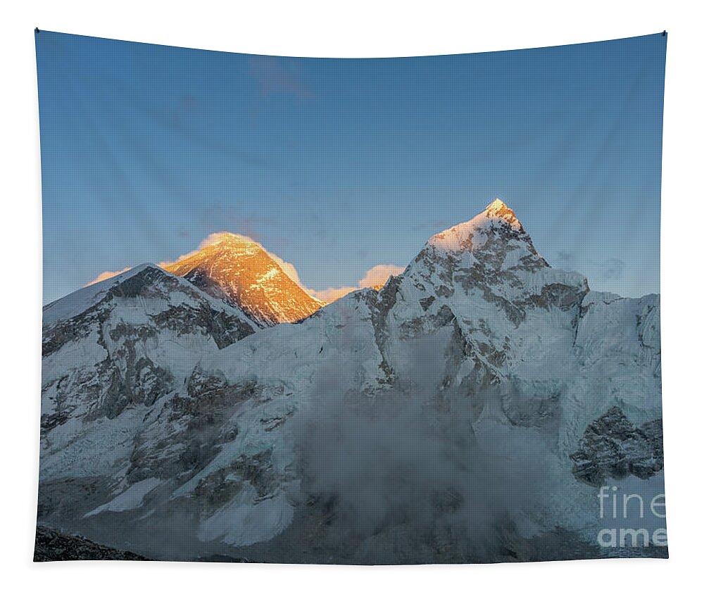 Everest Tapestry featuring the photograph Everest and Lhotse Peaks Alpenglow by Mike Reid