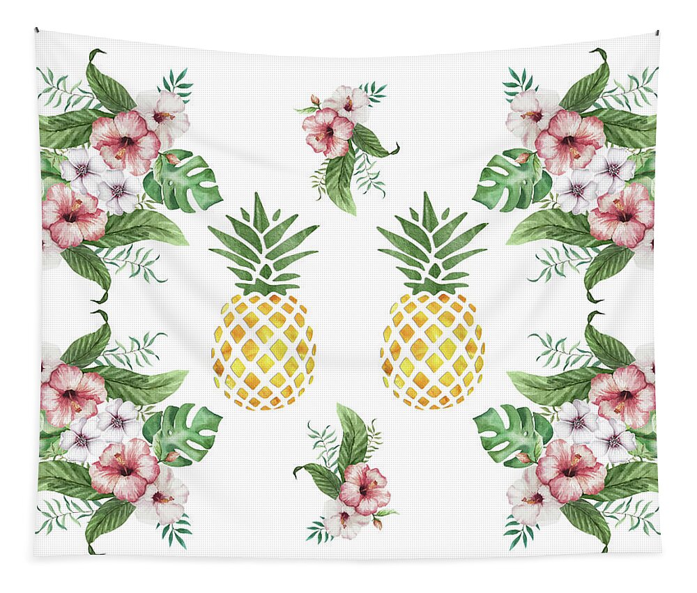 Tropical Flowers Tapestry featuring the painting Exotic Hawaiian Flowers and Pineapple by Georgeta Blanaru