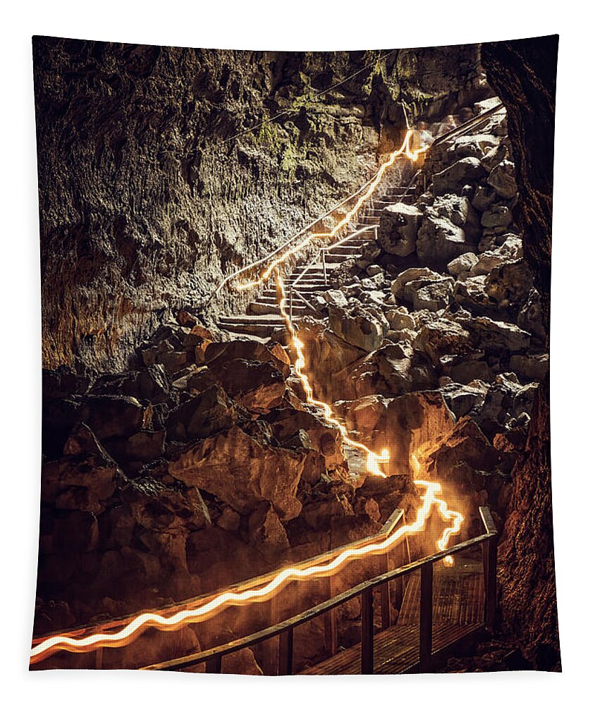 Usa Tapestry featuring the photograph Exploring Lava Tube at Newberry National Volcanic Monument in Or by Bryan Mullennix