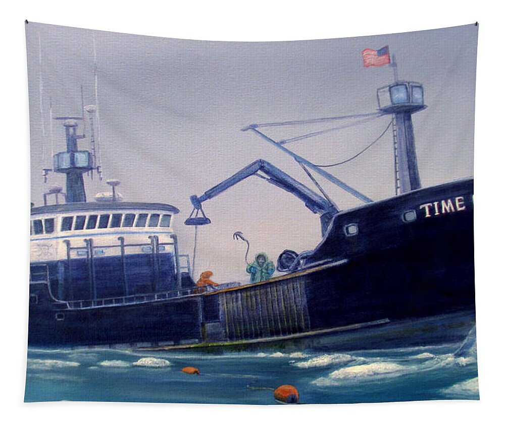 Seascape Tapestry featuring the painting F/v Time Bandit Closeup by Wayne Enslow
