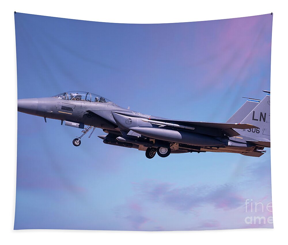 Usaf Tapestry featuring the photograph F15 coming into land lowering landing gear by Simon Bratt