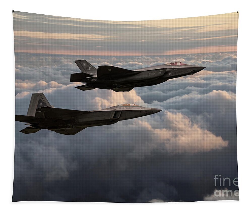 F35 And F22 Tapestry featuring the digital art F22 with F35 by Airpower Art