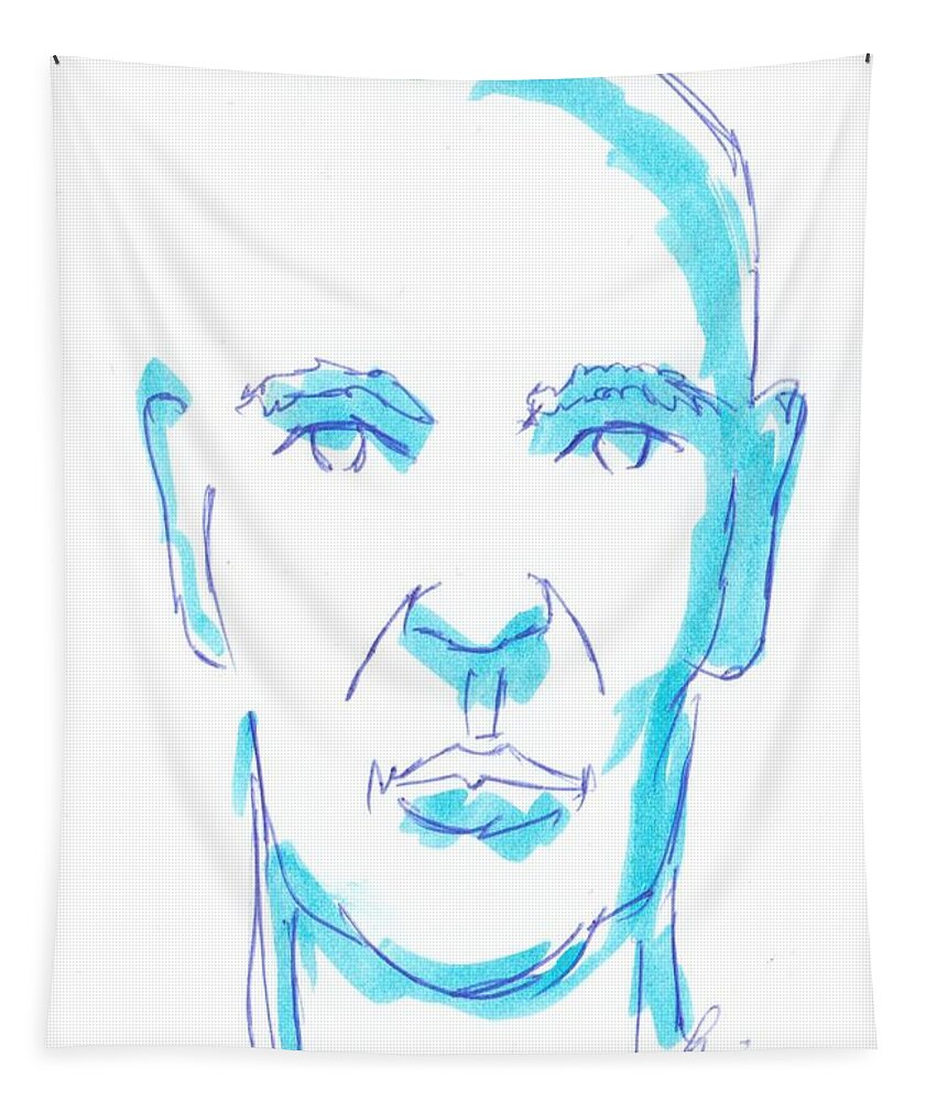 Man Tapestry featuring the drawing Face of a man illustration - Blue line drawing by Mike Jory