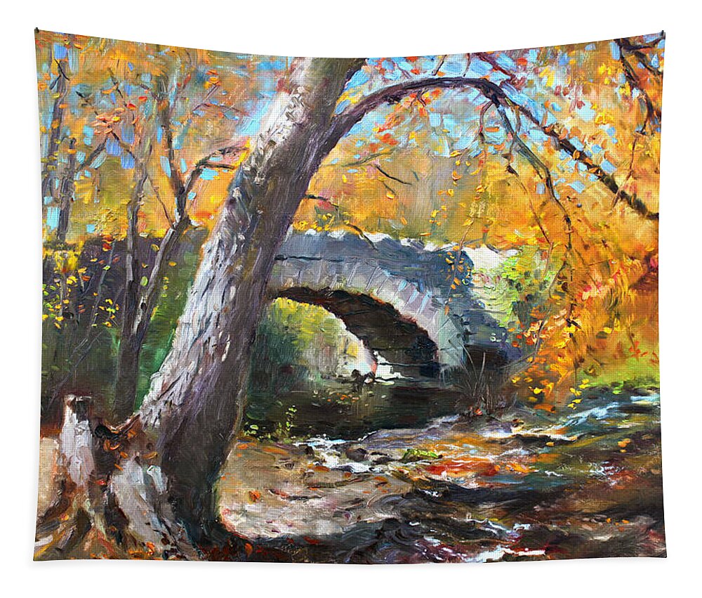 Bridge Tapestry featuring the painting Fall at Three Sisters Islands by Ylli Haruni