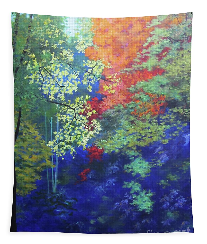 Woods Tapestry featuring the painting Fall Road Acrylic by Anne Marie Brown