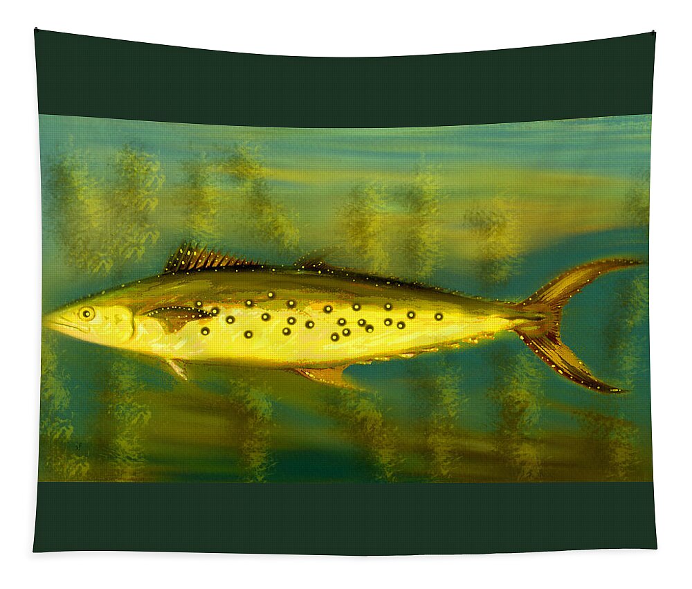 Fish Tapestry featuring the mixed media Fanciful Fish Art-The Legendary Golden Mackerel by Shelli Fitzpatrick