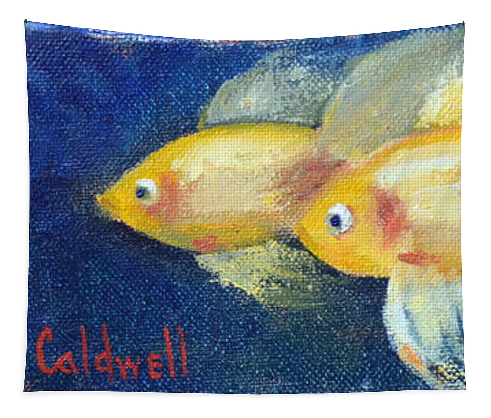 Goldfish Fantail Three Fish Gold Yellow Swimming Ocean Water Sea Red Eye Bubble Fin  Tapestry featuring the painting Fancy Goldfish by Patricia Caldwell