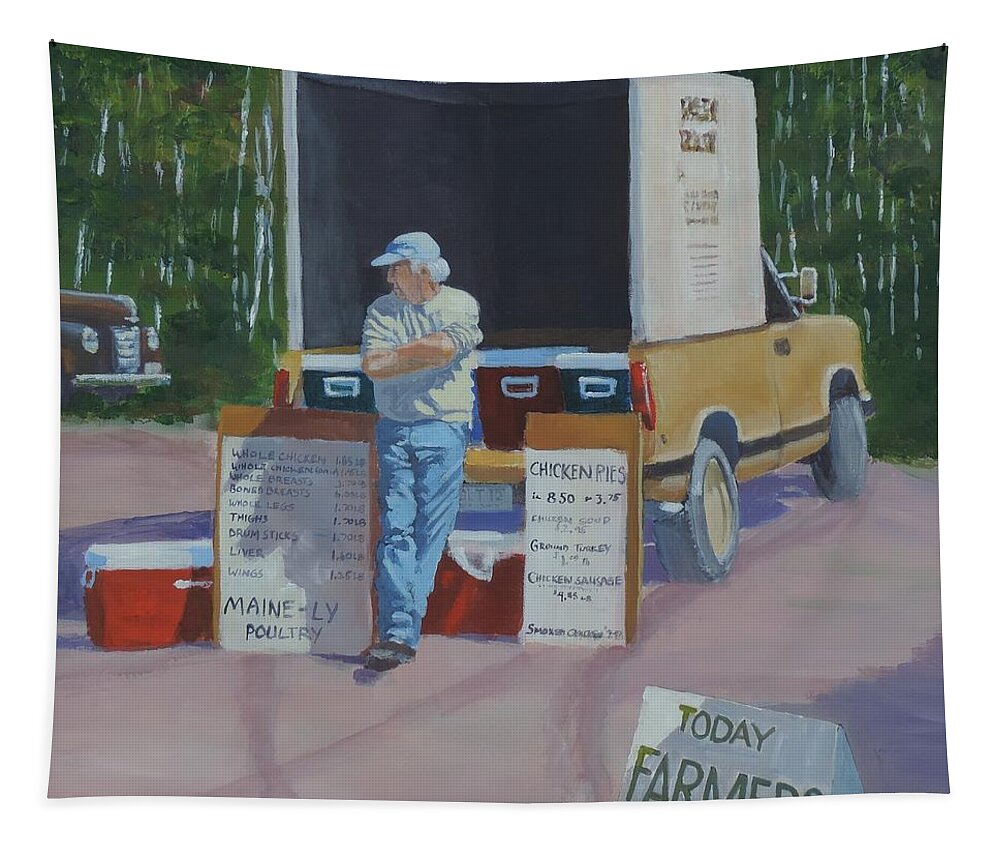 Saturday Tapestry featuring the painting Farmers Market Patience - Art by Bill Tomsa by Bill Tomsa