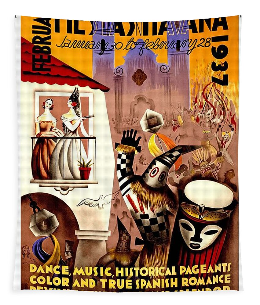 February Fiestas In Havana Tapestry featuring the mixed media February Fiestas in Havana, Cuba - Dancing at Carnival - Retro travel Poster - Vintage Poster by Studio Grafiikka
