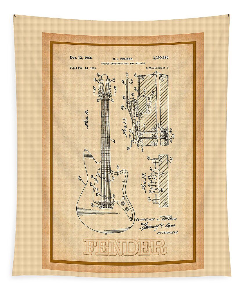 Guitar Tapestry featuring the digital art Fender Guitar Patent Drawing by Carlos Diaz