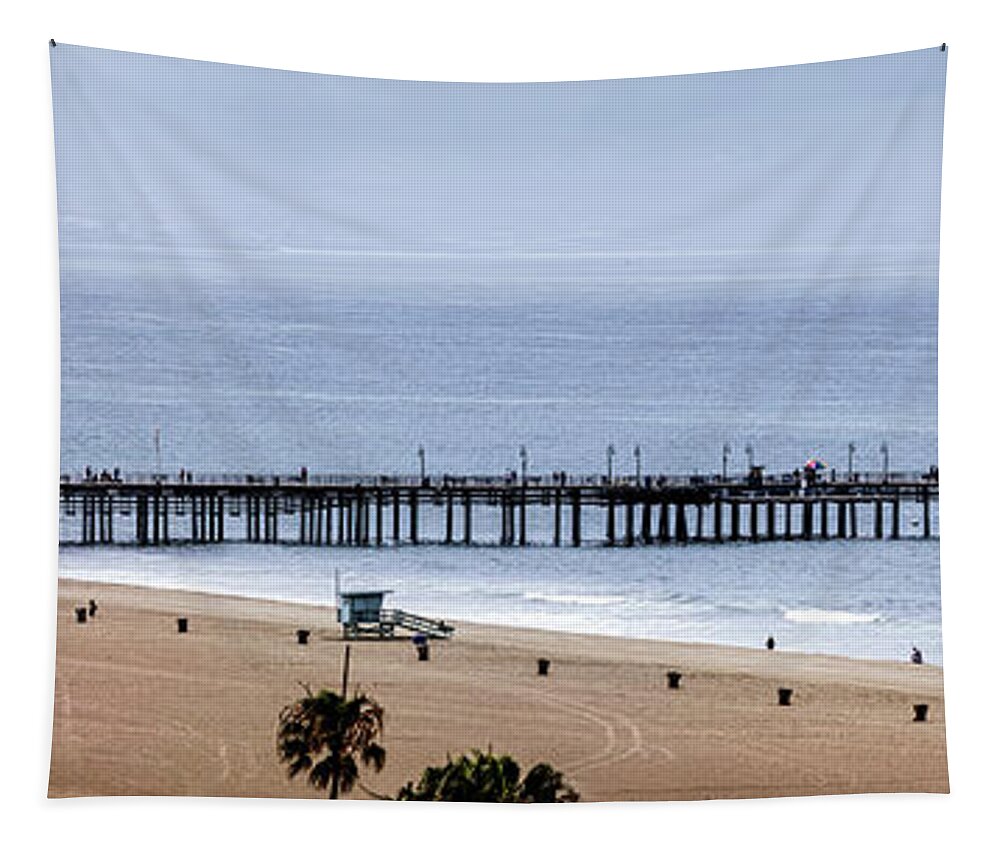 Santa Monica Pier Panorama Tapestry featuring the photograph Ferris Wheel and Santa Monica Pier - Panorama by Gene Parks