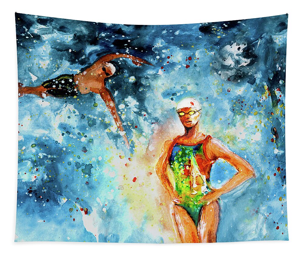 Sports Tapestry featuring the painting Fighting Back by Miki De Goodaboom