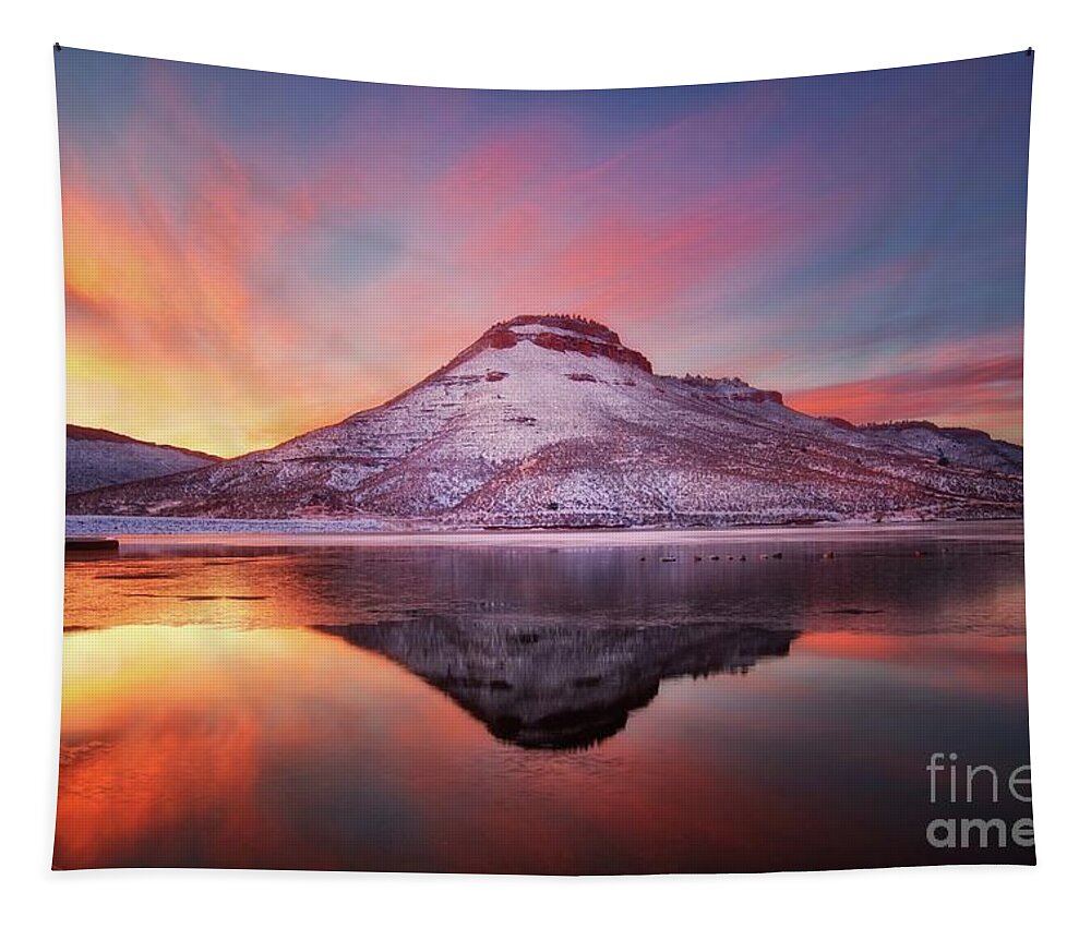 Flatiron Reservoir Tapestry featuring the photograph Fire and Ice - Flatiron Reservoir, Loveland Colorado by Ronda Kimbrow