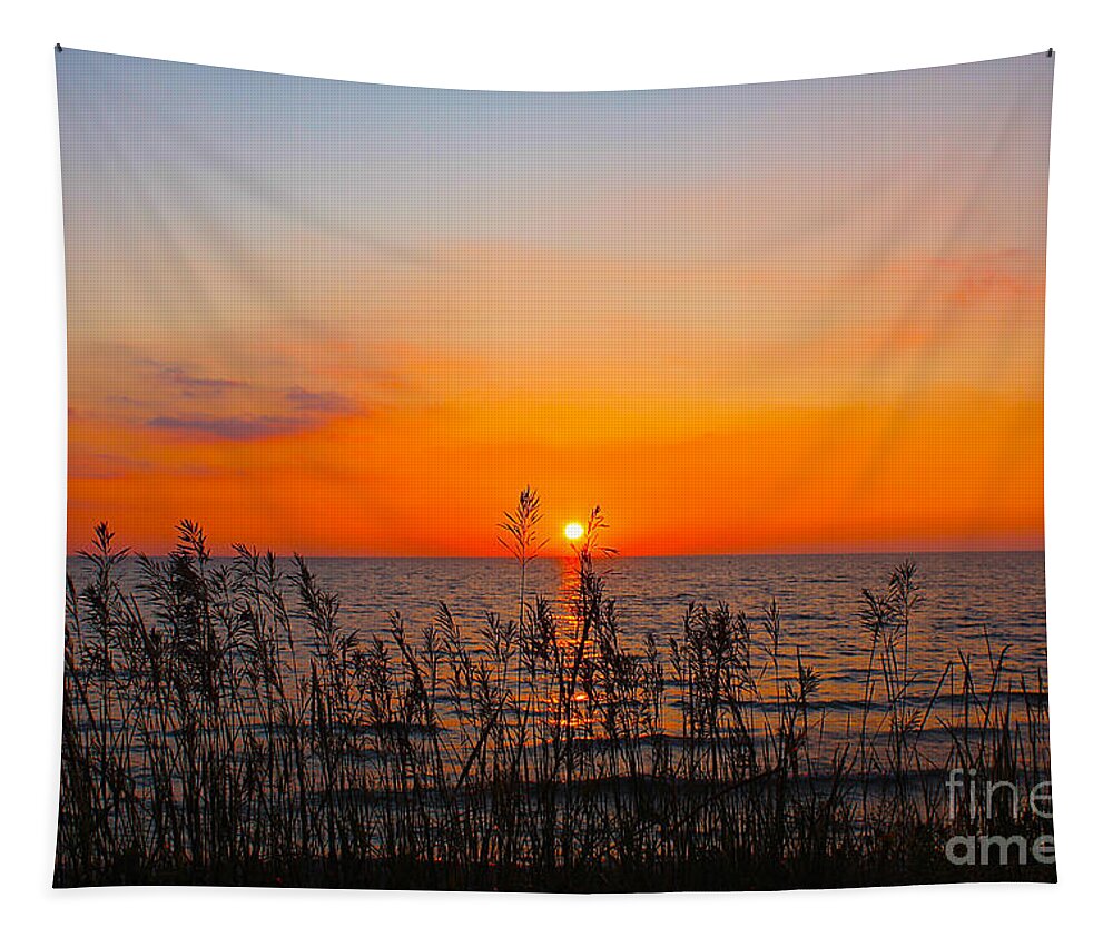 Sunset Tapestry featuring the photograph Fireball Sunset on Bluewater Beach by Nina Silver