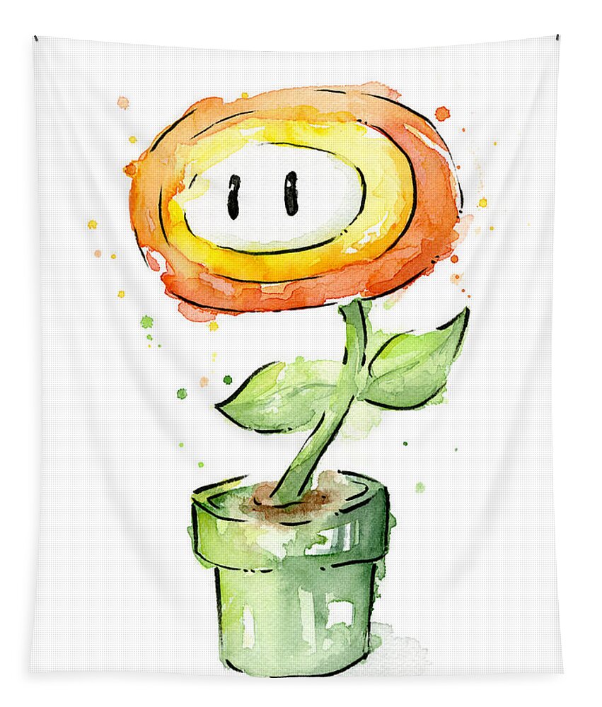 Nintendo Tapestry featuring the painting Fireflower Watercolor Painting by Olga Shvartsur