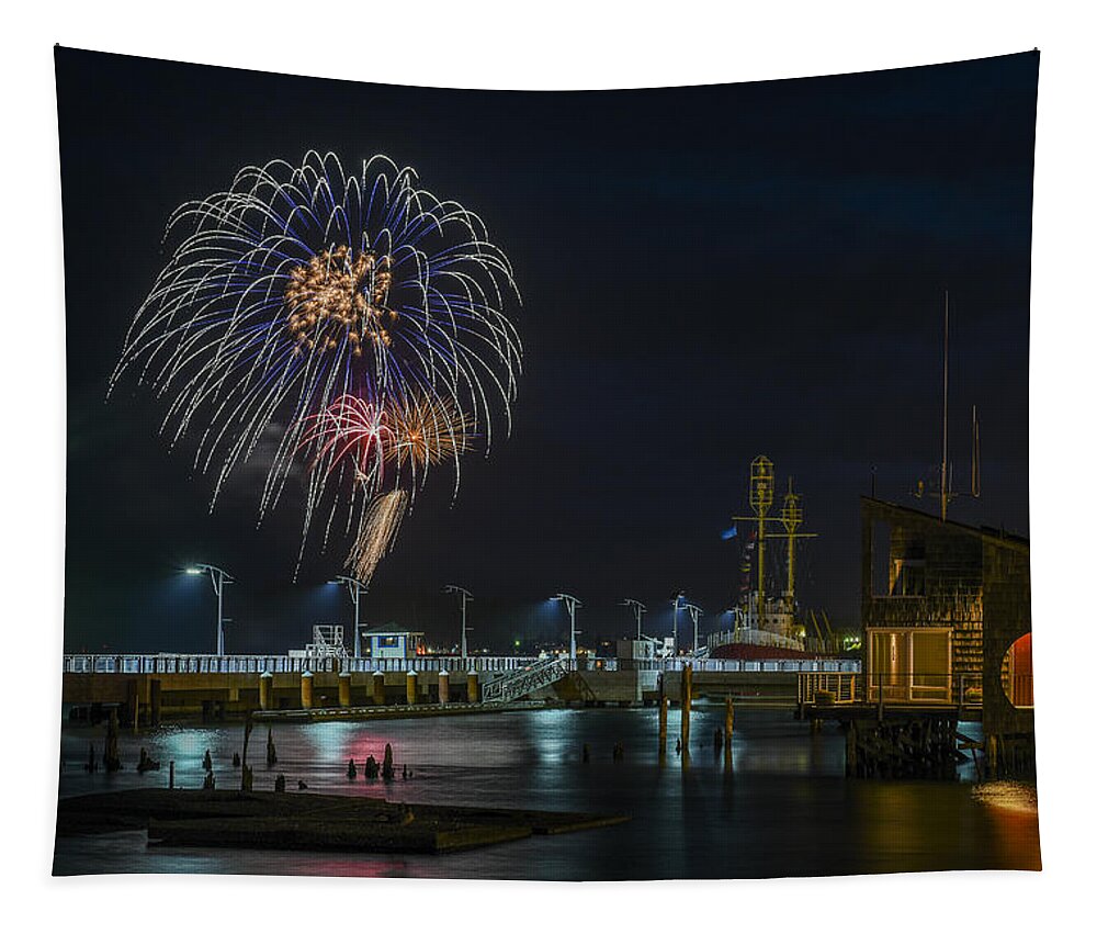 Astoria Tapestry featuring the photograph Fireworks and 17th Street Docks by Robert Potts