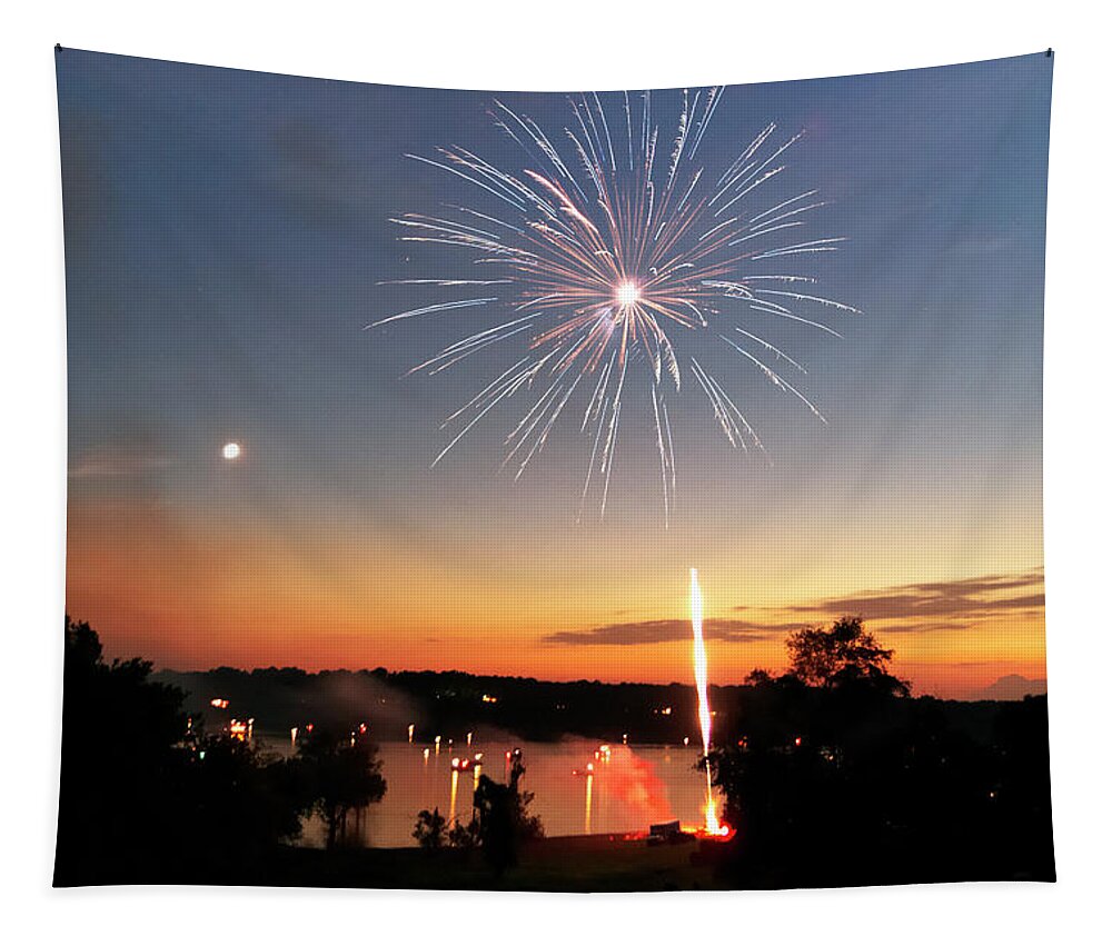 Fireworks Tapestry featuring the photograph Fireworks and Sunset by Amber Flowers