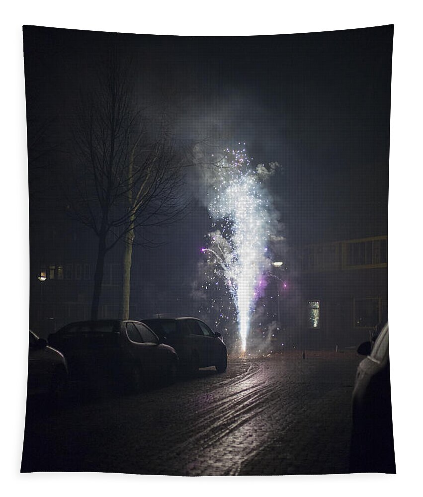 Works Tapestry featuring the photograph Fireworks in the street by Patricia Hofmeester