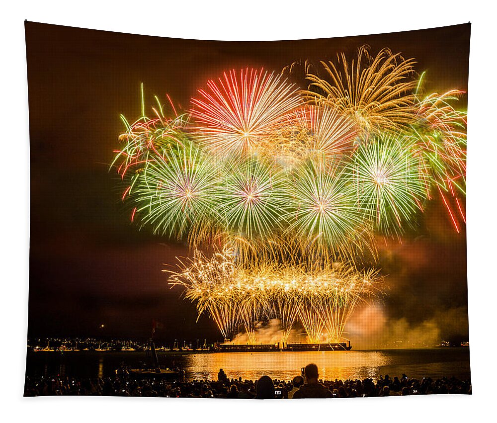 China Firework Tapestry featuring the photograph Fireworks over English Bay Vancouver by Peter V Quenter