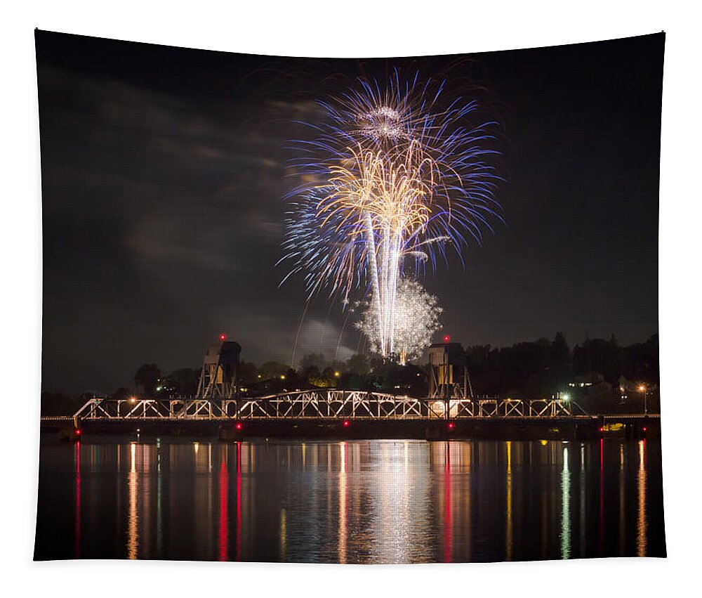 Lc Valley Tapestry featuring the photograph Fireworks over the Blue Bridge by Brad Stinson
