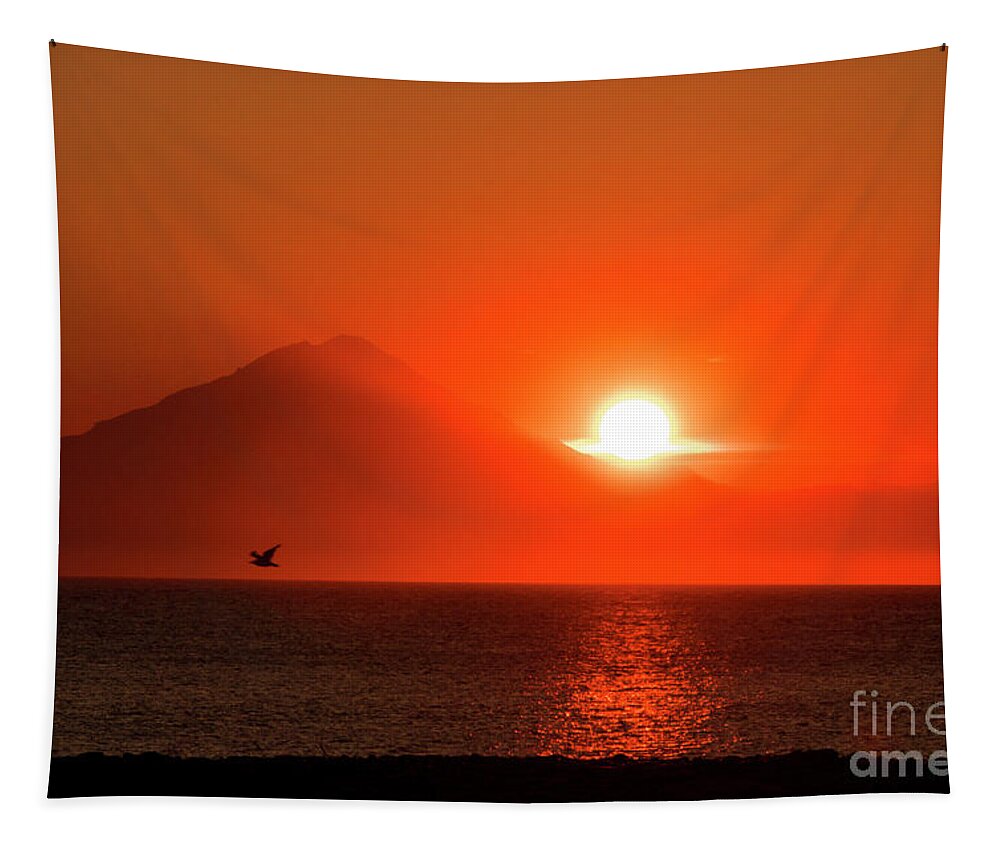 Sunset Tapestry featuring the photograph Firey Sunset on Mt Redoubt Volcano Alaska by Louise Magno