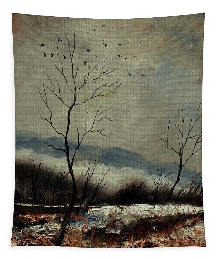 Landscape Tapestry featuring the painting First snow in Harroy by Pol Ledent
