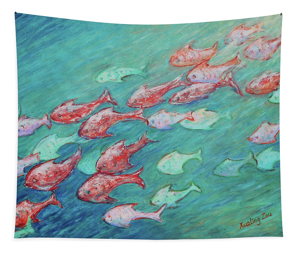 Fish In Abundance Tapestry featuring the painting Fish in Abundance by Xueling Zou