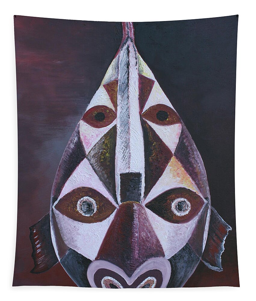 Oil On Canvas Tapestry featuring the painting Fish Mask by Obi-Tabot Tabe