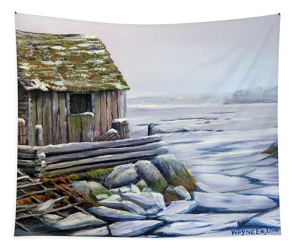 Seascape Tapestry featuring the painting Fish Shack In Winter by Wayne Enslow