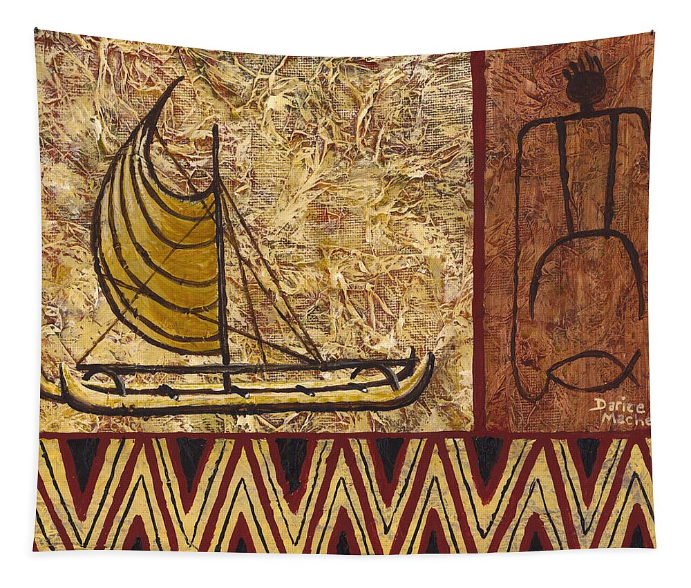 Hawaiian Petroglyphs Tapestry featuring the painting Fisherman and canoe by Darice Machel McGuire
