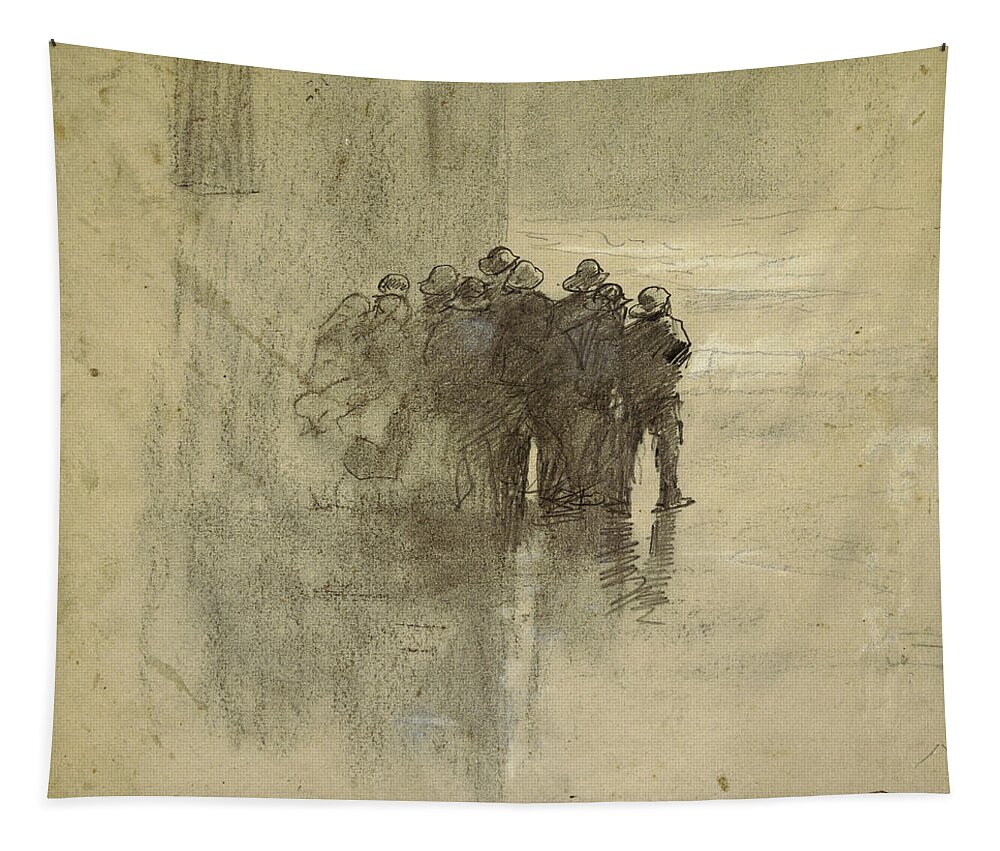 Winslow Homer Tapestry featuring the drawing Fishermen in Oilskins, Cullercoats, England, 1881 by Winslow Homer