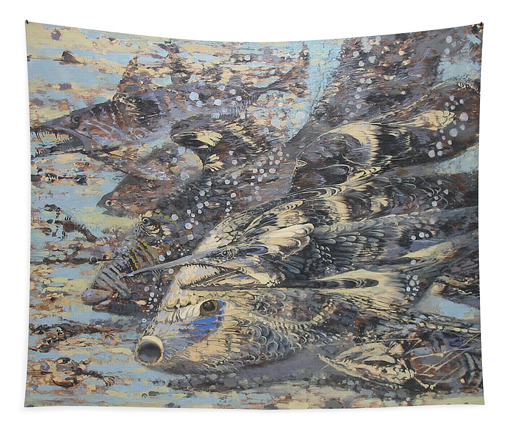 Fishes Tapestry featuring the painting Fishes. Monotype by Valentina Kondrashova
