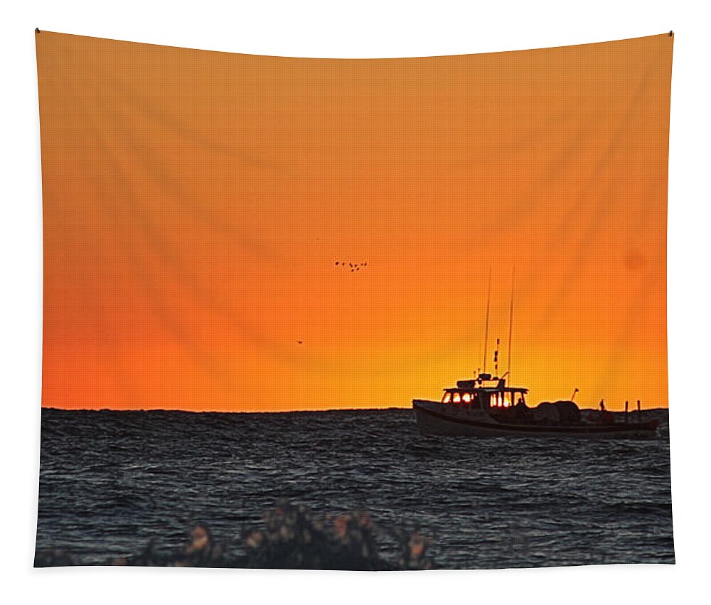 Ocean City Md Tapestry featuring the photograph Fishing Boat Eclipses The Sunrise by Robert Banach