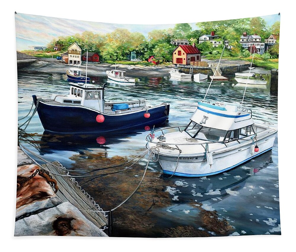 Cape Ann Tapestry featuring the painting Fishing Boats In Lanes Cove Gloucester MA by Eileen Patten Oliver