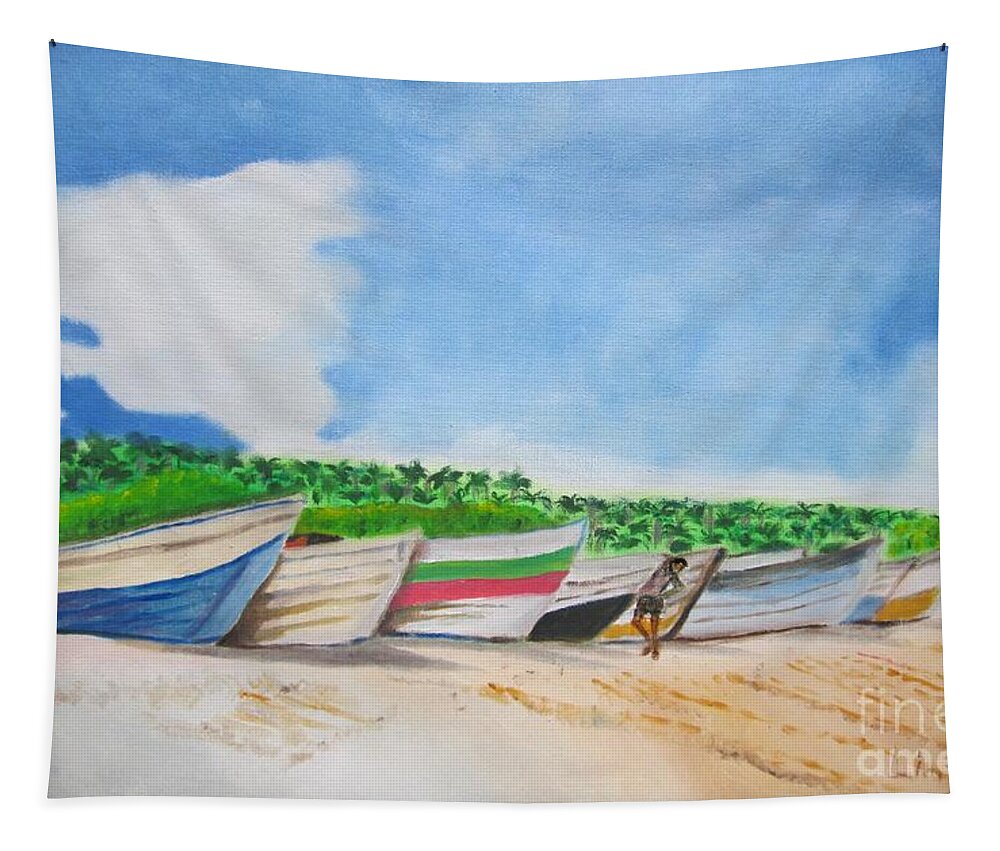 Beach Tapestry featuring the painting Fishing Boats in Mayaro by Jennylynd James