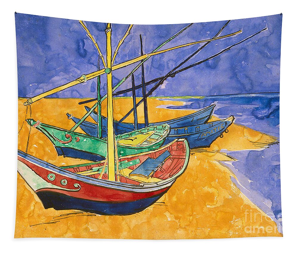 Vincent Van Gogh Tapestry featuring the painting Fishing Boats on the Beach at Saintes Maries de la Mer by Vincent Van Gogh