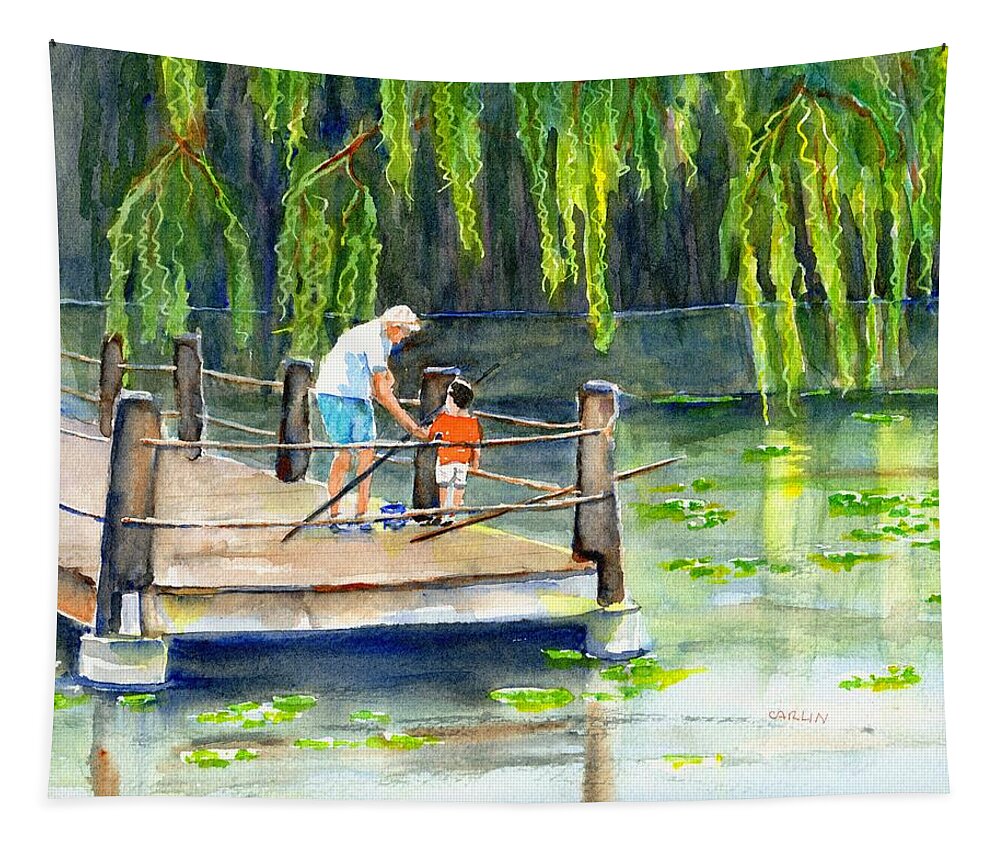 Grandfather And Grandson Tapestry featuring the painting Fishing with Grandpa by Carlin Blahnik CarlinArtWatercolor