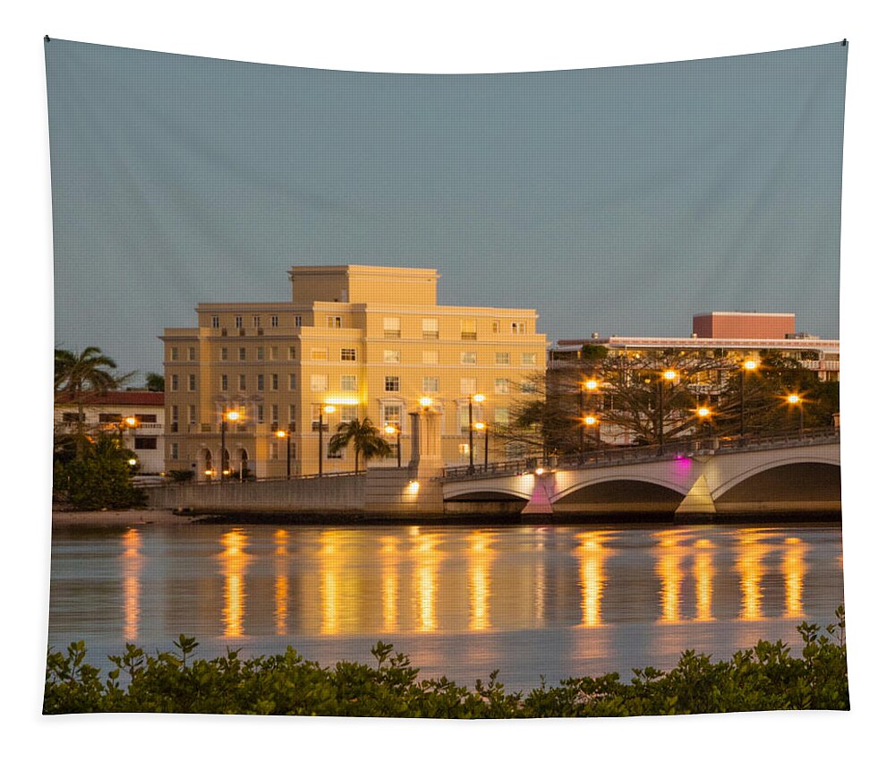 Boats Tapestry featuring the photograph Flagler Bridge in Lights by Debra and Dave Vanderlaan