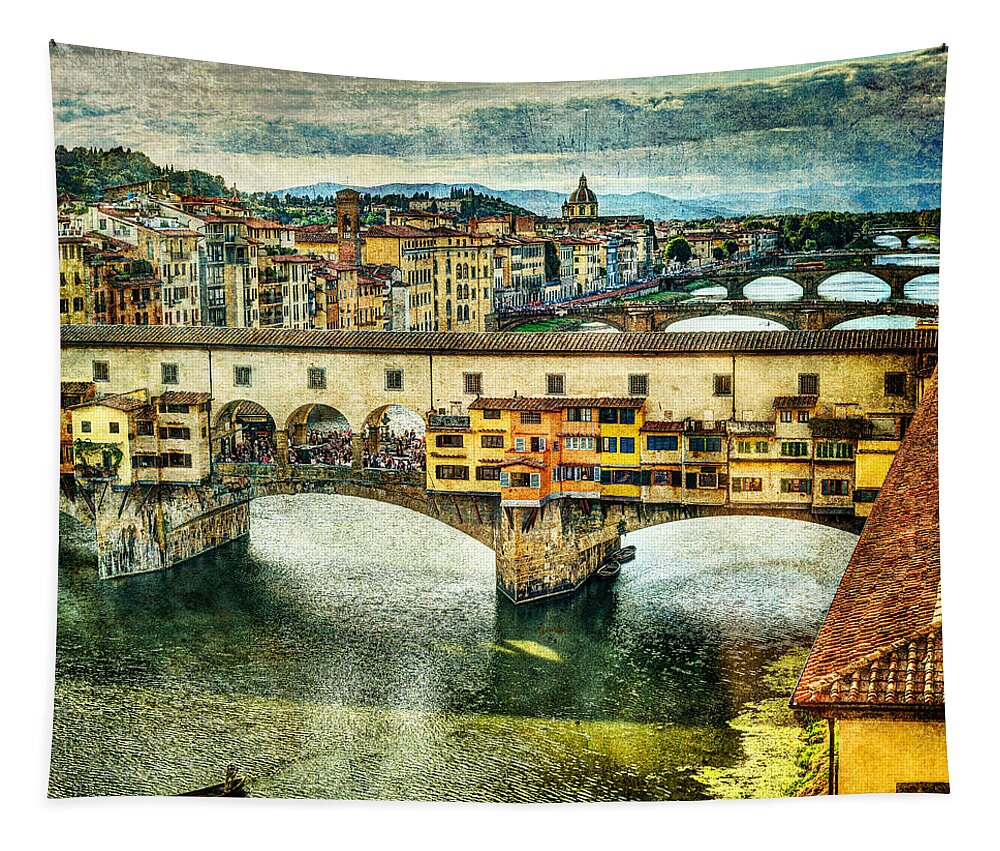  Tapestry featuring the photograph Florence - bridges behind Ponte Vecchio - vintage version by Weston Westmoreland