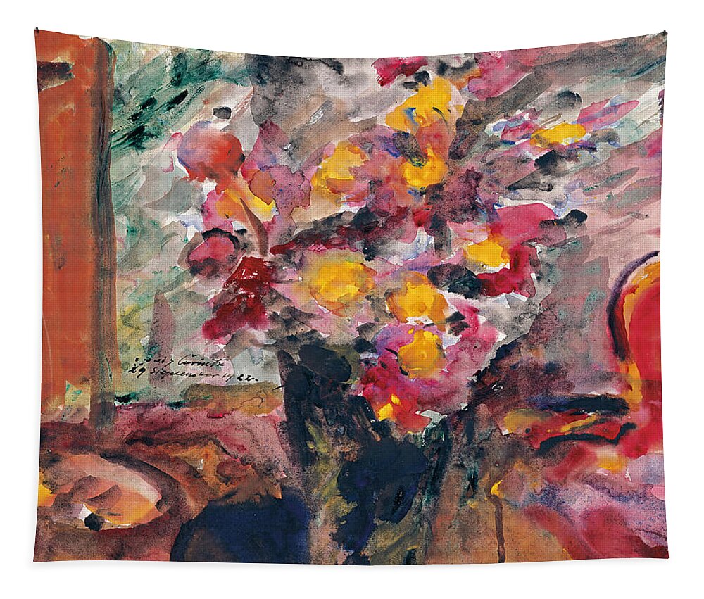 Lovis Corinth Tapestry featuring the painting Flower Vase on a Table by Lovis Corinth