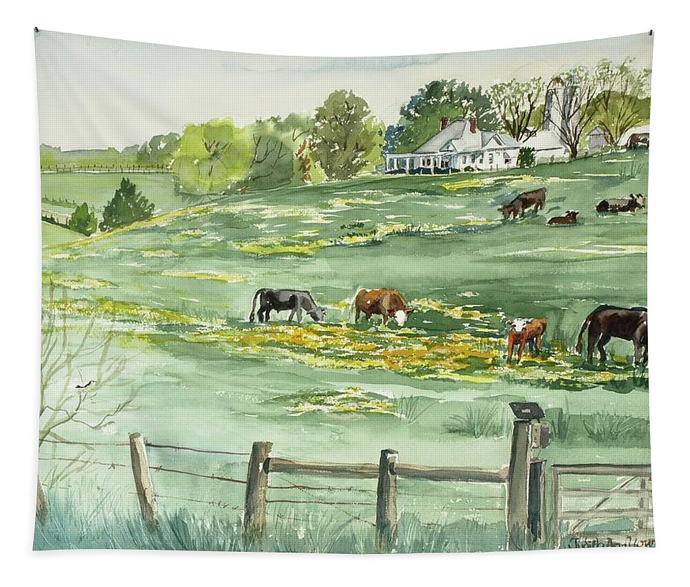 Cow Tapestry featuring the painting Flowering Field and Grazing Cows by Judith Young