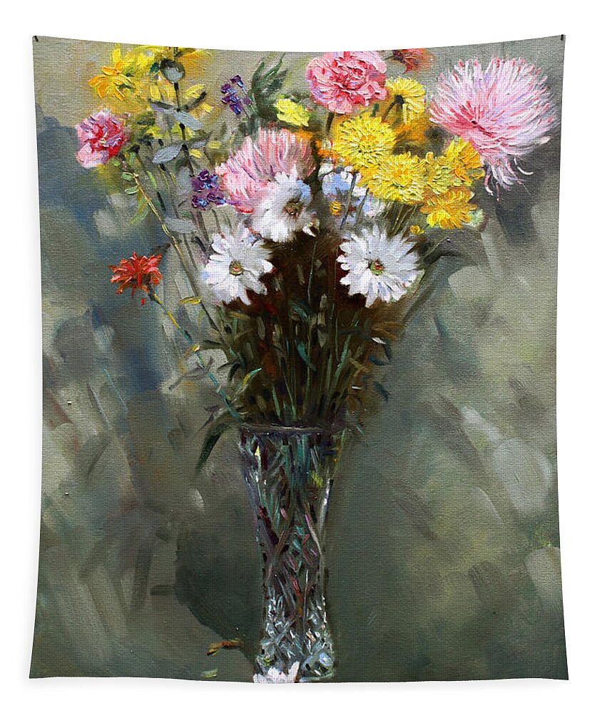 Still Life With Flowers Tapestry featuring the painting Flowers 2010 by Ylli Haruni