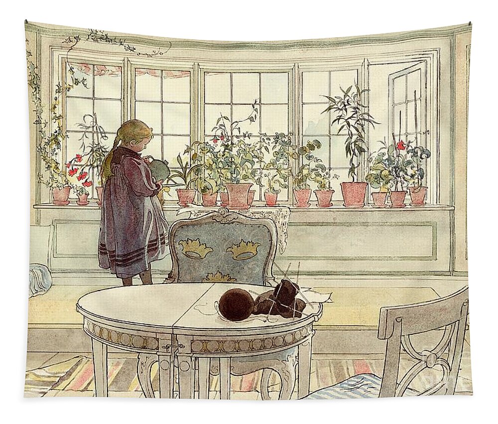 Plant Tapestry featuring the painting Flowers on the Windowsill by Carl Larsson