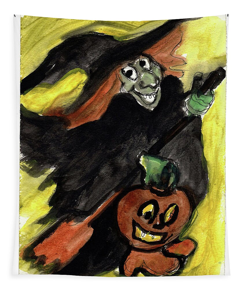 Flying Giddy Halloween Witch Pumpkin Candy Broomstick Orange Shoes Tapestry featuring the painting Flying Giddy Halloween Witch by Katt Yanda