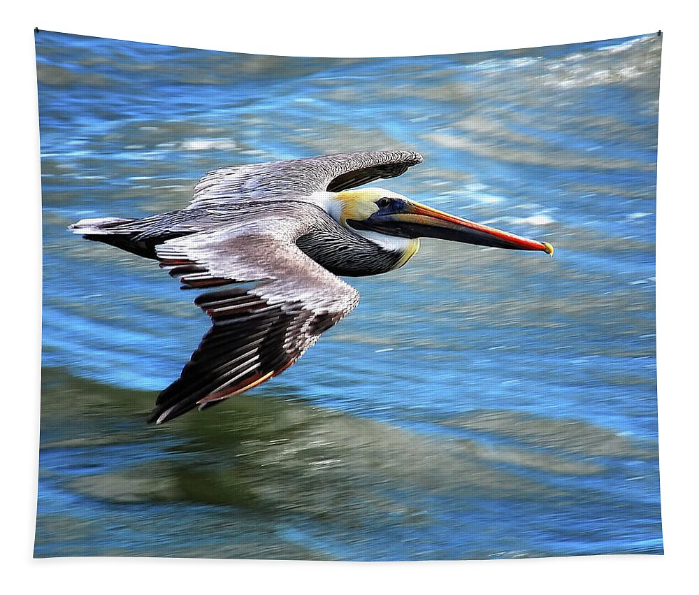 Flying Pelican Tapestry featuring the photograph Flying Pelican by Peg Runyan