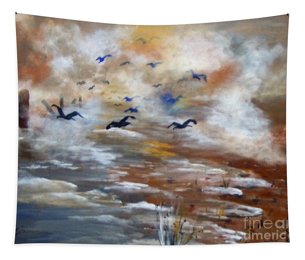 Birds Tapestry featuring the painting Foggy Beach by Saundra Johnson